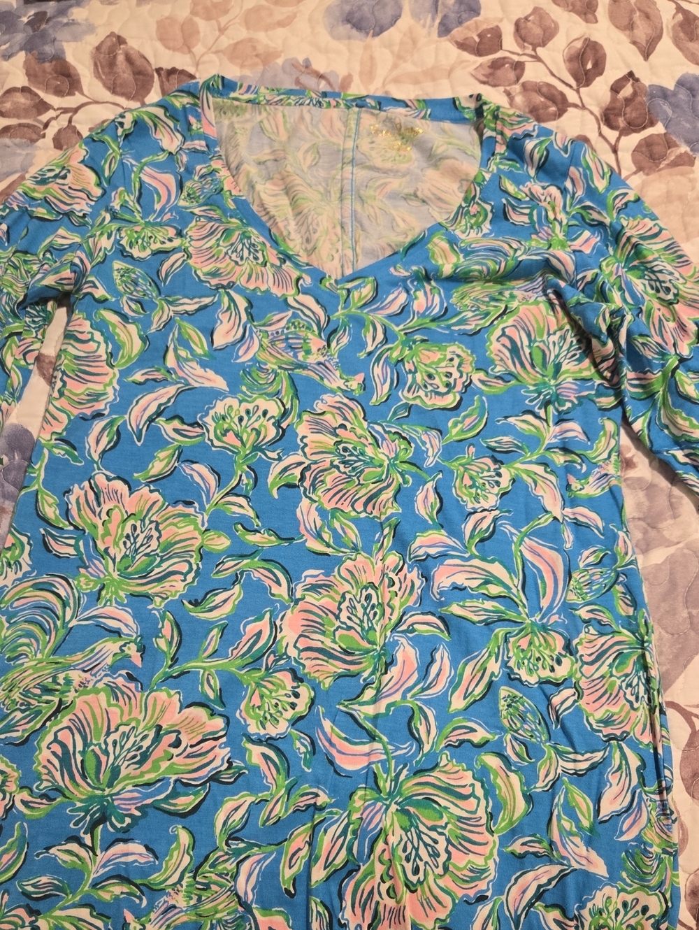 Lilly Pulitzer Blue Floral V-Neck Tunic with Pink and Green Accents